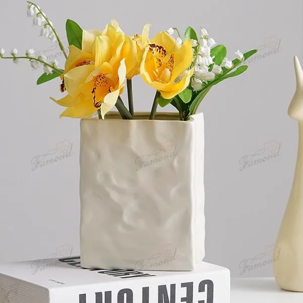 Wrinkled Square Paper-like Bag Vase - Abstract Monochrome Handcrafted Resin Table Decor