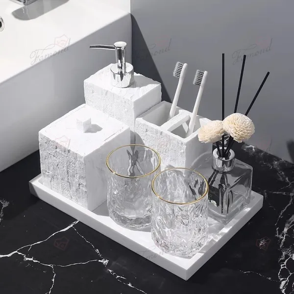 Natural Stone Effect Textured Resin Bathroom Set - Lotion Bottle, Toothbrush Holder, Cotton Jar, and Tray