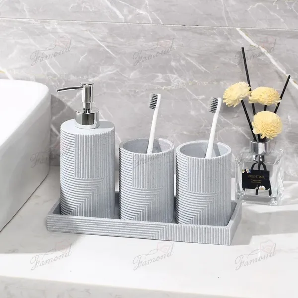 Luxury Blue and White Line-Pattern Resin Bathroom Tray Set with Gold Accent - 5-Piece Ensemble