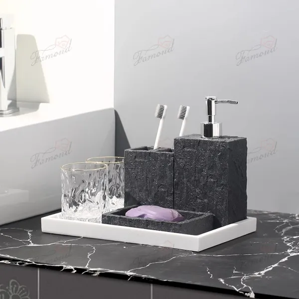 Natural Stone Effect Textured Resin Bathroom Set - Lotion Bottle, Toothbrush Holder, Cotton Jar, and Tray