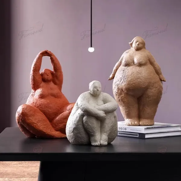 Full-Figured Female Statue in Various Poses - Rough Clay Texture Artisan Craft