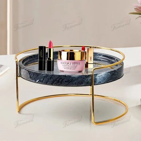 Elegant Gold Metal Stand with Round Marble Tray for Makeup and Jewelry Organizer