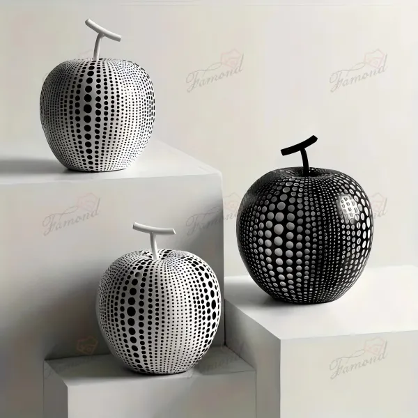 Resin Apple Decor with Black and White Base and Colorful Indented Dots, Functional as Bookends