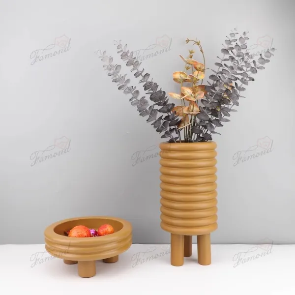 Custom OEM Resin Decorative Multi-Layer Warm Yellow Circular Pedestal Vase and Storage Box Set