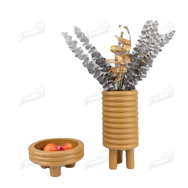 Custom OEM Resin Decorative Multi-Layer Warm Yellow Circular Pedestal Vase and Storage Box Set