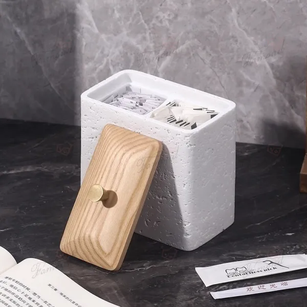 Single or Double Compartment Premium Resin Cave Stone Dental Floss/Pick/Q-tip Accessories Organizer - Solid Wood and Metal Lid