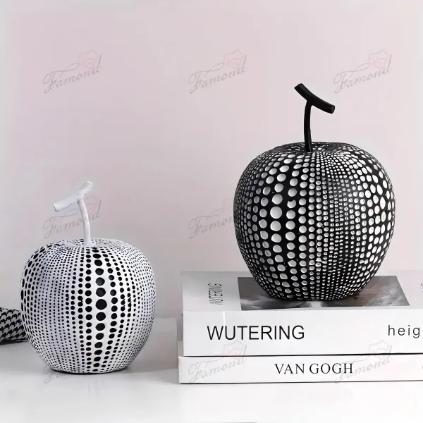 Resin Apple Decor with Black and White Base and Colorful Indented Dots, Functional as Bookends