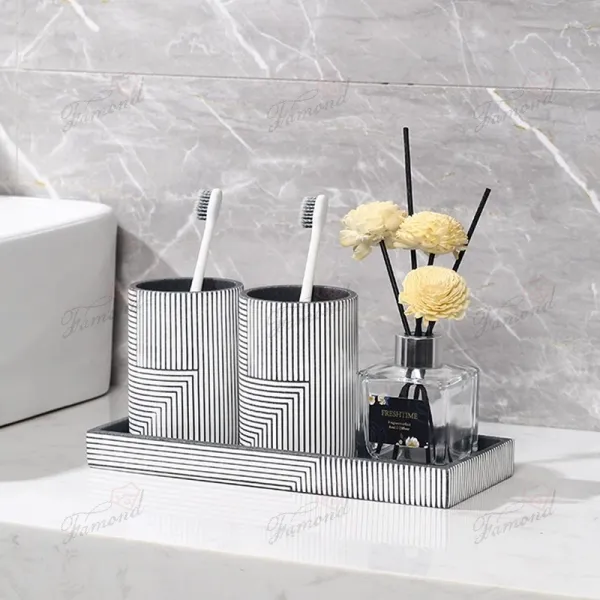 Luxury Blue and White Line-Pattern Resin Bathroom Tray Set with Gold Accent - 5-Piece Ensemble