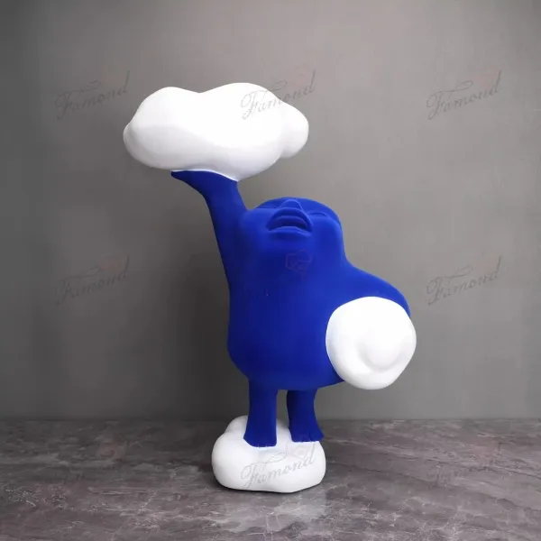 Klein Blue Plump Figure Holding Cloud Tray Resin Handcraft with Velvet Soft Touch for Living Room