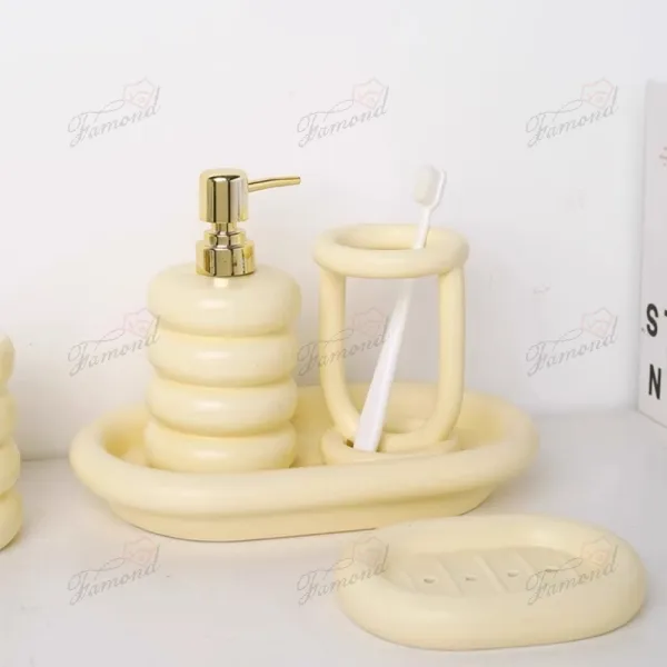 Adorable Donut Stack Ceramic Bathroom Set - Refreshing Yellow 5-Piece Resin & Ceramic Dispensers for Kids