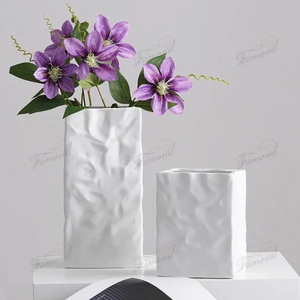 Wrinkled Square Paper-like Bag Vase - Abstract Monochrome Handcrafted Resin Table Decor