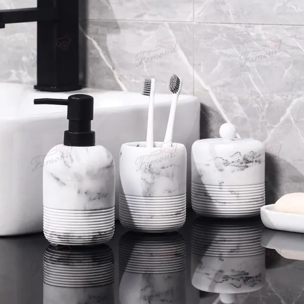 Amazon Bestseller Resin Marble-Effect Bathroom Organizer Set - Soap Dish, Cotton Swab Holder & Dispensing Bottles Tray