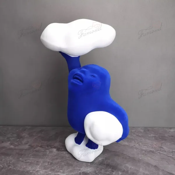 Klein Blue Plump Figure Holding Cloud Tray Resin Handcraft with Velvet Soft Touch for Living Room