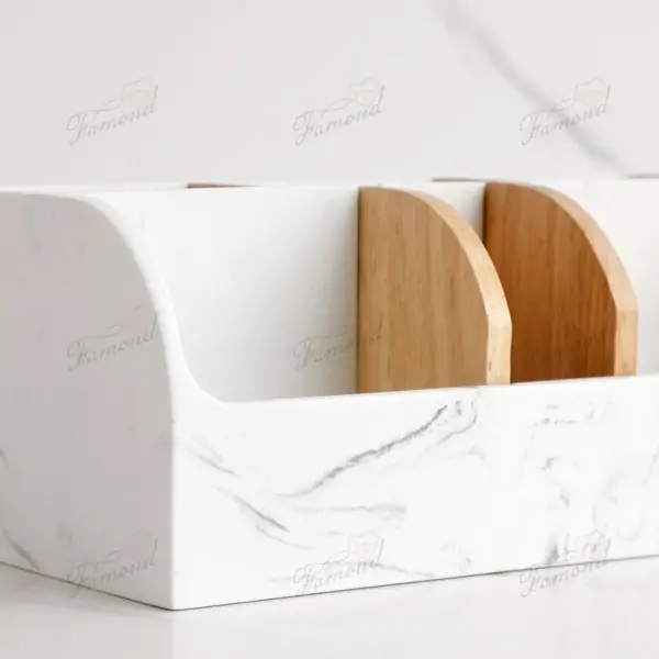 Resin Imitation Black and White Marble Storage Rack with Bamboo Dividers Toothbrush and Toothpaste Organizer