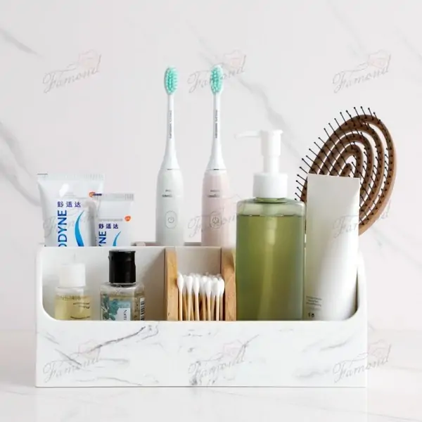 Resin Imitation Black and White Marble Storage Rack with Bamboo Dividers Toothbrush and Toothpaste Organizer