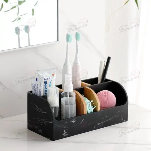 Resin Imitation Black and White Marble Storage Rack with Bamboo Dividers Toothbrush and Toothpaste Organizer