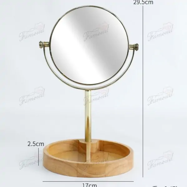 Double-Sided Standing Mirror with Acacia Wood Base Organization 15CM Round Gold-Plated Frame