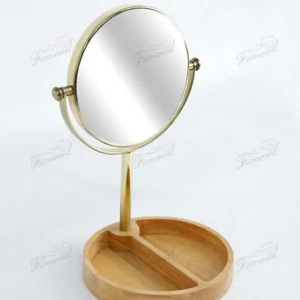 Double-Sided Standing Mirror with Acacia Wood Base Organization 15CM Round Gold-Plated Frame