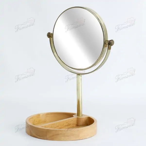 Double-Sided Standing Mirror with Acacia Wood Base Organization 15CM Round Gold-Plated Frame