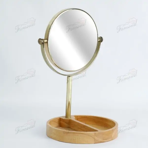 Double-Sided Standing Mirror with Acacia Wood Base Organization 15CM Round Gold-Plated Frame