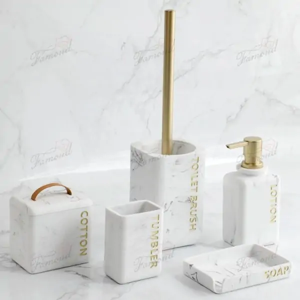 Elegant Marble-Inspired Bathroom Accessories Set with Gold Accents