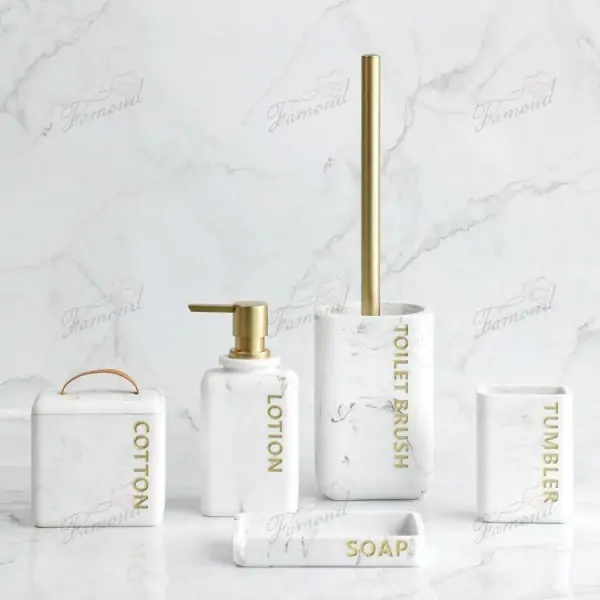 Elegant Marble-Inspired Bathroom Accessories Set with Gold Accents