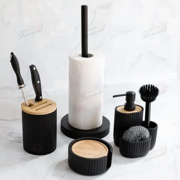 All-in-One Black Kitchen Organizer Set - Soap Dispenser, Paper Towel Holder, Utensil Caddy, and Coasters