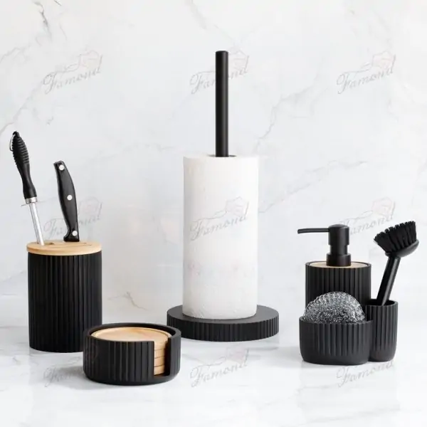 All-in-One Black Kitchen Organizer Set - Soap Dispenser, Paper Towel Holder, Utensil Caddy, and Coasters