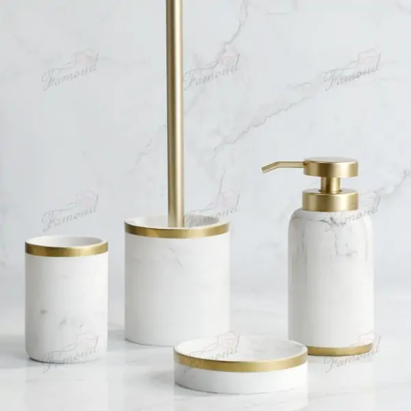 Eco-Friendly Black & White Marble-Look Resin 5-Piece Bathroom Set with Gold Accent Pump Heads