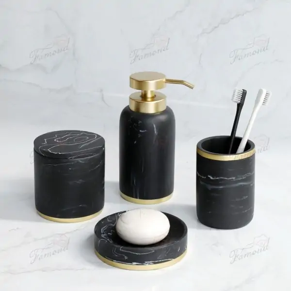 Eco-Friendly Black & White Marble-Look Resin 5-Piece Bathroom Set with Gold Accent Pump Heads