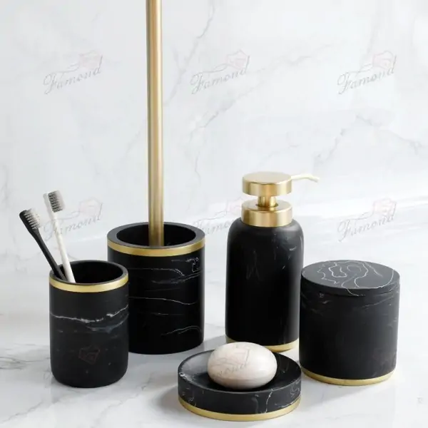 Eco-Friendly Black & White Marble-Look Resin 5-Piece Bathroom Set with Gold Accent Pump Heads