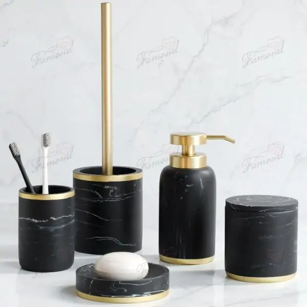 Eco-Friendly Black & White Marble-Look Resin 5-Piece Bathroom Set with Gold Accent Pump Heads