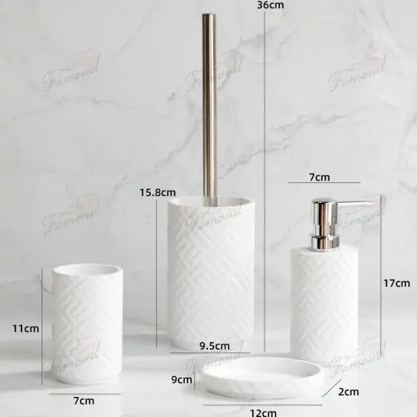 Simple White Textured U-Shaped Bathroom 4-Piece Set with 17cm Toilet Brush