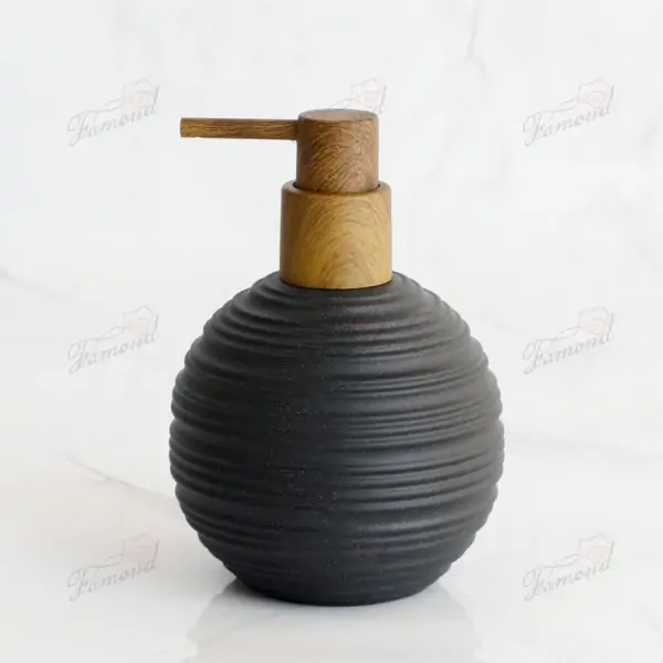 Striped Round Bottle Bath Set with Electric Toothbrush Holder and Wooden Pump Head