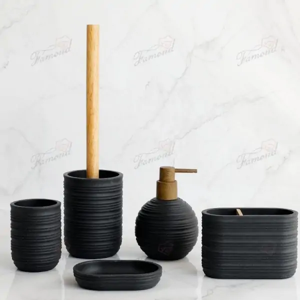 Striped Round Bottle Bath Set with Electric Toothbrush Holder and Wooden Pump Head