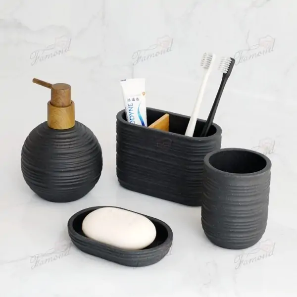 Striped Round Bottle Bath Set with Electric Toothbrush Holder and Wooden Pump Head