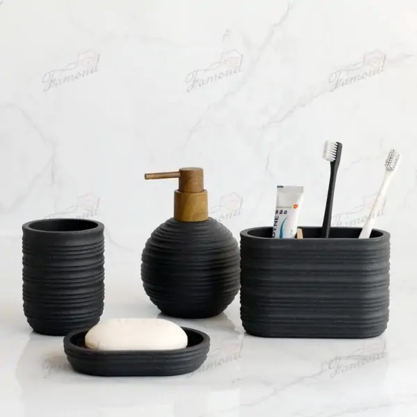 Striped Round Bottle Bath Set with Electric Toothbrush Holder and Wooden Pump Head