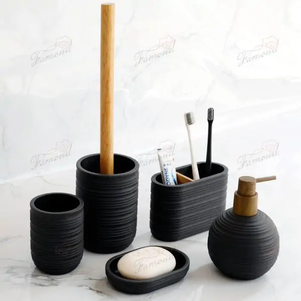 Striped Round Bottle Bath Set with Electric Toothbrush Holder and Wooden Pump Head