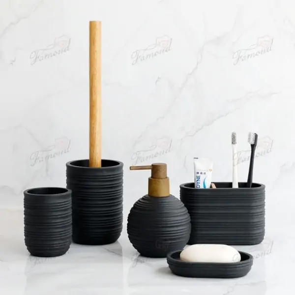 Striped Round Bottle Bath Set with Electric Toothbrush Holder and Wooden Pump Head