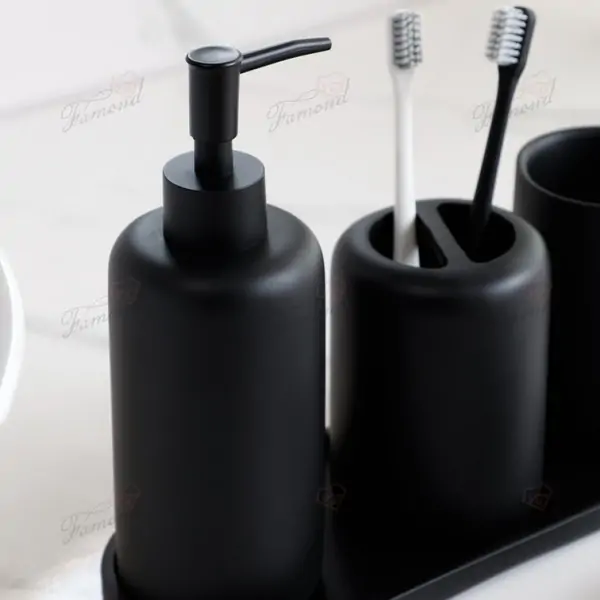 Classic Matte Black 5-Piece Resin Bathroom Set - Dispenser Bottles, Tumbler, Toothbrush Holder, Soap Dish, Tray