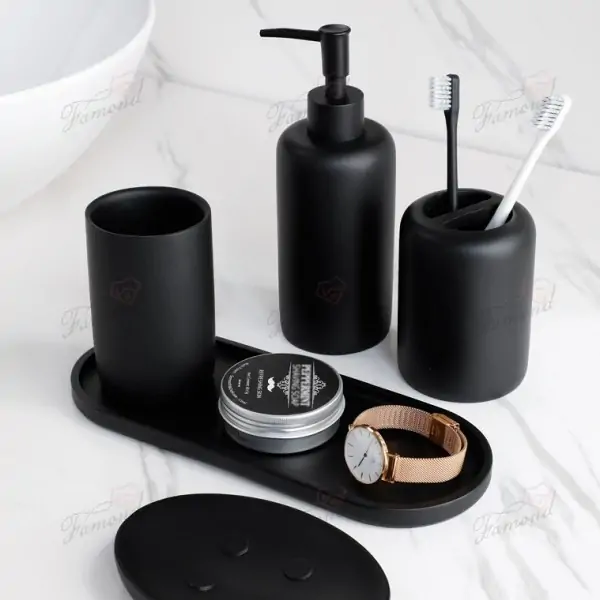 Classic Matte Black 5-Piece Resin Bathroom Set - Dispenser Bottles, Tumbler, Toothbrush Holder, Soap Dish, Tray