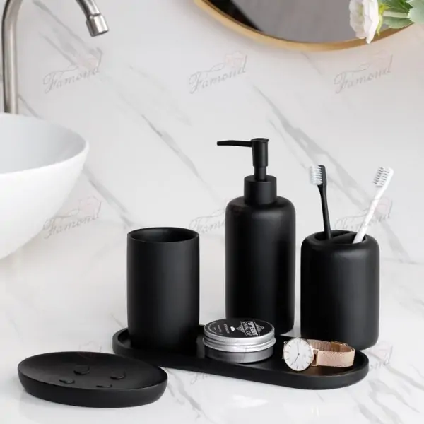 Classic Matte Black 5-Piece Resin Bathroom Set - Dispenser Bottles, Tumbler, Toothbrush Holder, Soap Dish, Tray