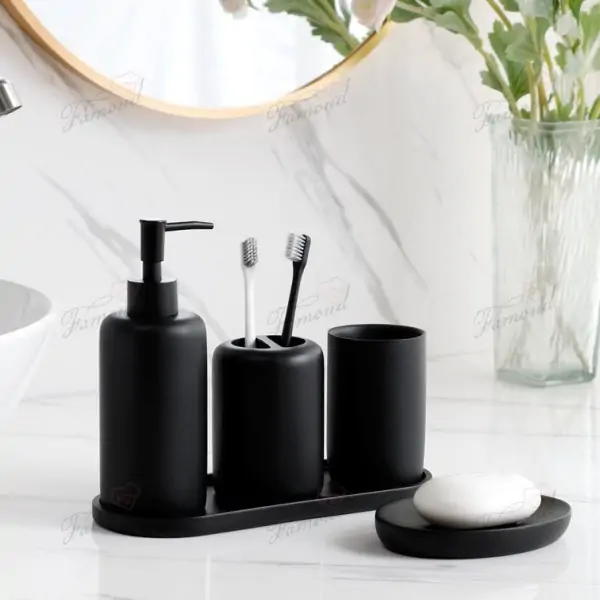 Classic Matte Black 5-Piece Resin Bathroom Set - Dispenser Bottles, Tumbler, Toothbrush Holder, Soap Dish, Tray