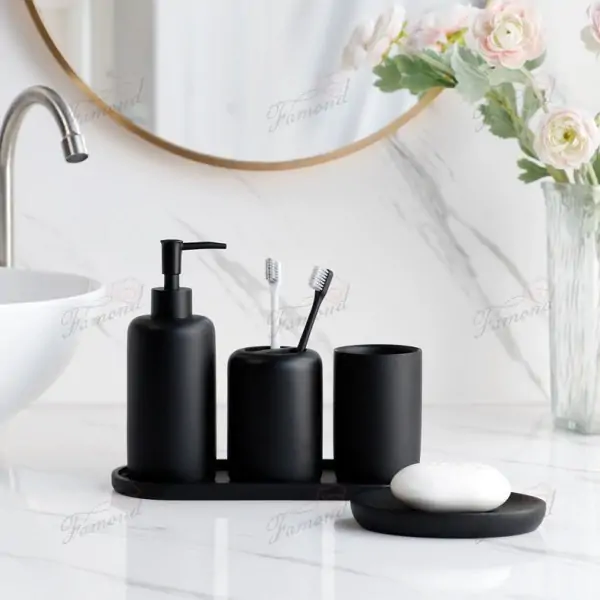 Classic Matte Black 5-Piece Resin Bathroom Set - Dispenser Bottles, Tumbler, Toothbrush Holder, Soap Dish, Tray