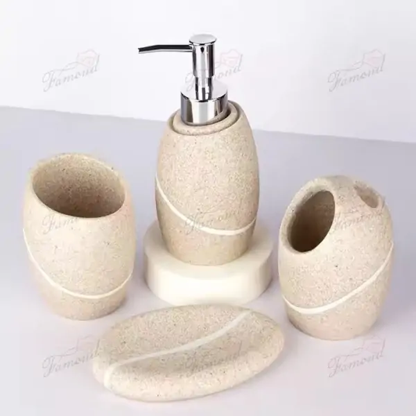 Charming Resin Bathroom Set Yellow Beige Sandstone and Gray Design with Gold Pump