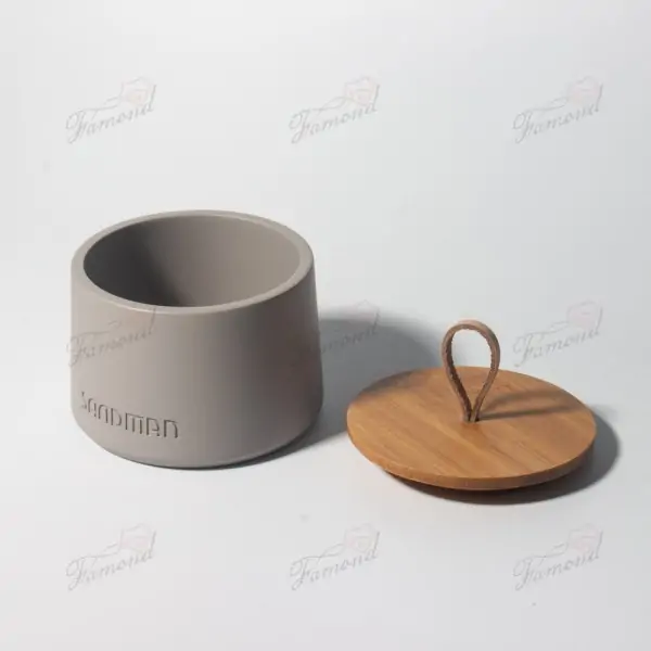 Minimalist Gray Cotton Canister with Engraved Bamboo Lid and PU Leather Handle