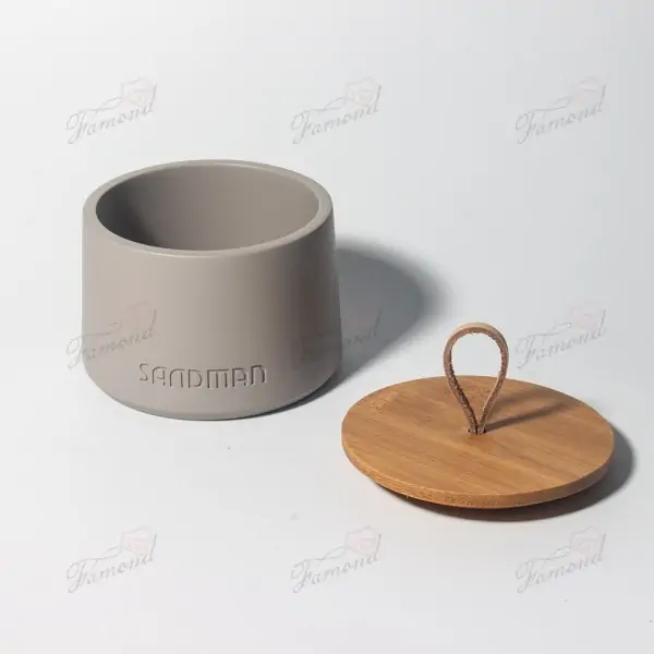 Minimalist Gray Cotton Canister with Engraved Bamboo Lid and PU Leather Handle