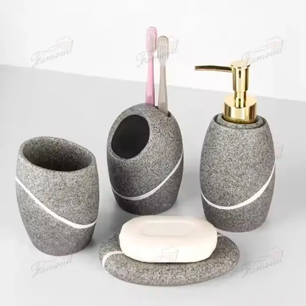 Charming Resin Bathroom Set Yellow Beige Sandstone and Gray Design with Gold Pump