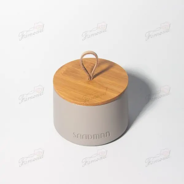 Minimalist Gray Cotton Canister with Engraved Bamboo Lid and PU Leather Handle