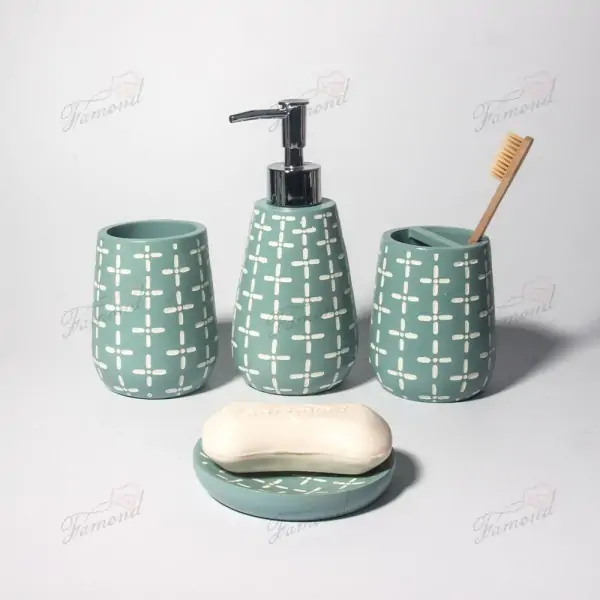 Mint Green and Textured White 4-Piece Bathroom Set Recessed Cross Pattern Accents